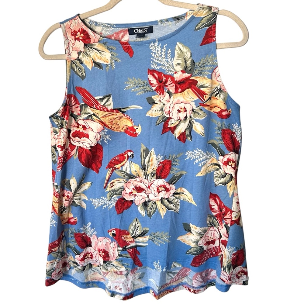 Chaps Blue Floral Macaw Bird Print Sleeveless Top EUC sz M